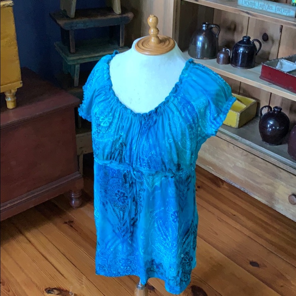Axcess Babydoll Top Large Bright Teal Pattern